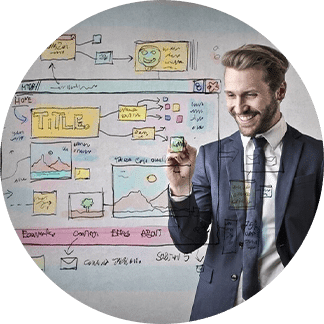 graphic showing a man creating planning models on a digital screen for SAP migration